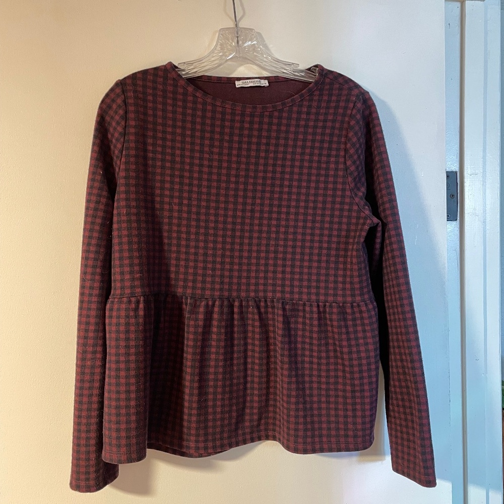 Zara Red Plaid Gingham Front Peplum Blouse